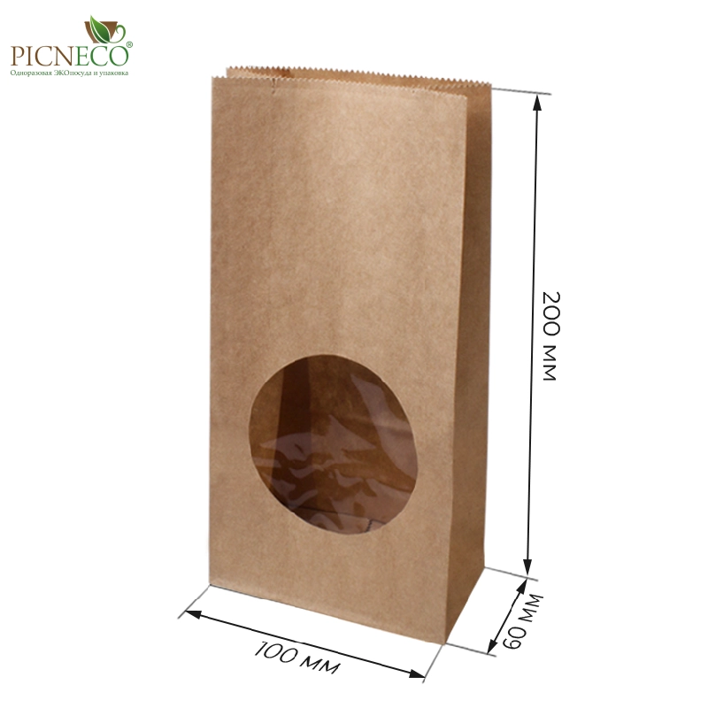 товар Крафт пакет с окном 70 мм, прямоугольное дно, 100*60*200 мм KPR010